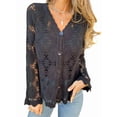 thumbnail image 1 of Cutout Embroidered V-Neck Button Long Sleeve Top, Hollow Half Sleeve Cardigan Black L, 1 of 7