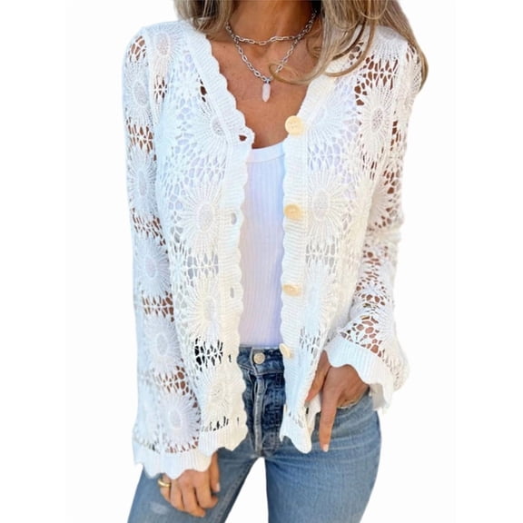 Cutout Embroidered V-Neck Button Long Sleeve Top, Hollow Half Sleeve Cardigan White L