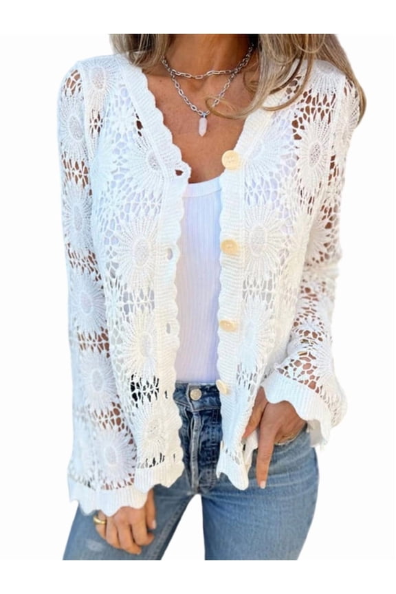 Cutout Embroidered V-Neck Button Long Sleeve Top, Hollow Half Sleeve Cardigan White S