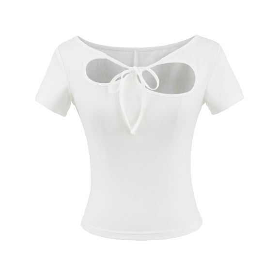 Cutout Front Strappy T-Shirts for Women Casual Round Neck Summer Tops, Slim Fits Short Sleeve Fashion Tee,White,S