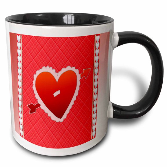 3drose, Cutout Look Heart with Arrow, Heart Trim on Sides, Red and Pink, 11oz Two-tone Black Mug