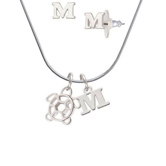 Cutout Sea Turtle - M Initial Charm Necklace and Stud Earrings Jewelry Set
