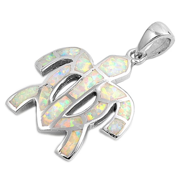 Cutout Sea Turtle Symbol Pendant White Simulated Opal .925 Sterling Silver Charm Jewelry Female