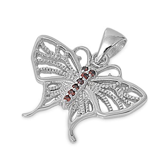 Cutout Wing Butterfly Pendant Simulated Garnet .925 Sterling Silver Bug Charm Jewelry Female Unisex