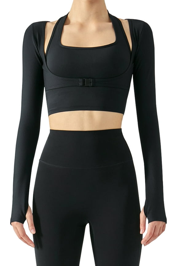 Cutout Workout Tops for Women Long Sleeve Padded Crop Top Sport Yoga Shirts Ladies Front Buckle Push Up Activewear Sweatshirts