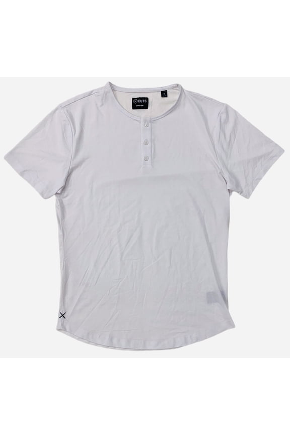 Men's Curve Hem Henley 4 Way Stretch Tee T-Shirt (Large, White)
