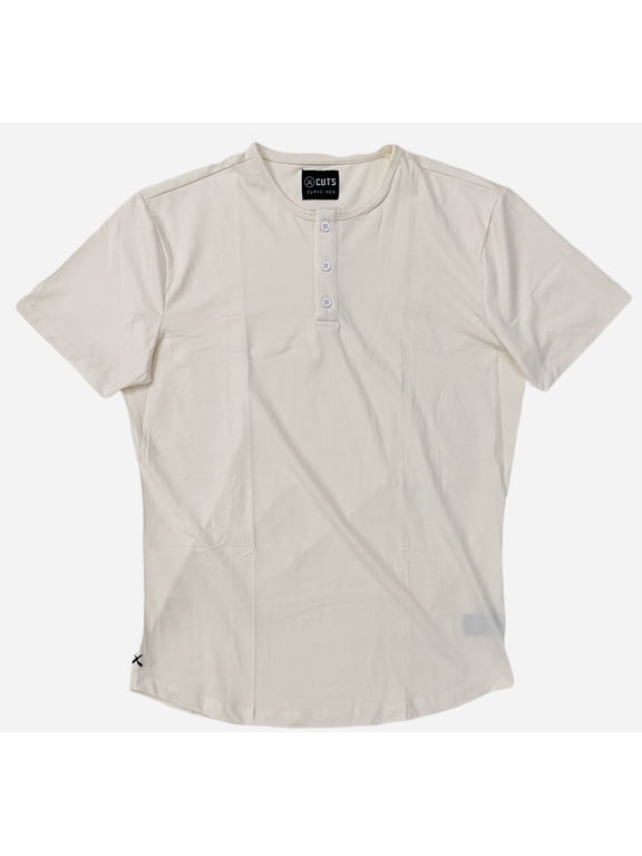 Men's Curve Hem Henley 4 Way Stretch Tee T-Shirt (Medium, Egg Shell)