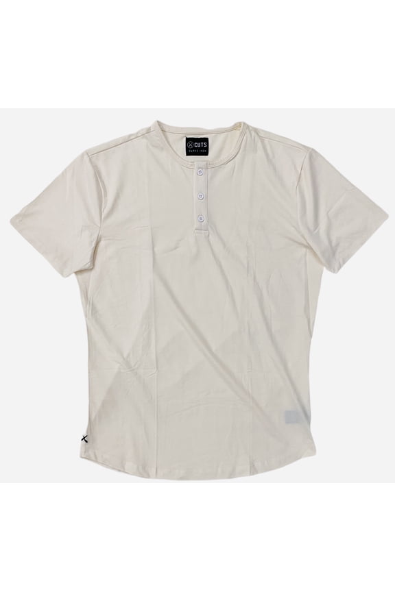 Men's Curve Hem Henley 4 Way Stretch Tee T-Shirt (Medium, Egg Shell)