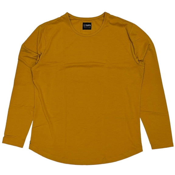 Cuts Clothing Men's Curve Hem Long Sleeve Crew Neck Signature Fit Tee T-Shirt (X-Large, Mustard)