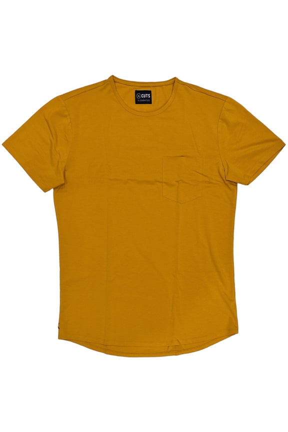 Men's Elongated Crew Neck 4 Way Stretch Tee T-Shirt With Pocket (Medium, Mustard)