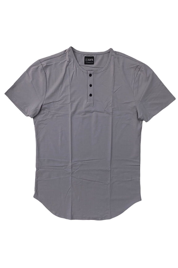 Men's Elongated Hem Henley 4 Way Stretch Tee T-Shirt (Medium, Gray)