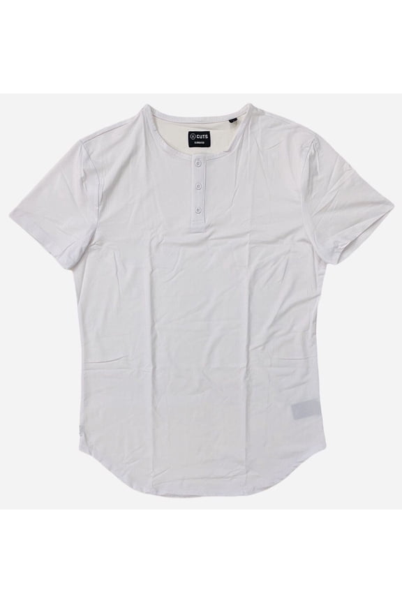Men's Elongated Hem Henley 4 Way Stretch Tee T-Shirt (Medium, White)