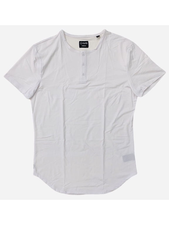 Men's Elongated Hem Henley 4 Way Stretch Tee T-Shirt (XX-Large, White)