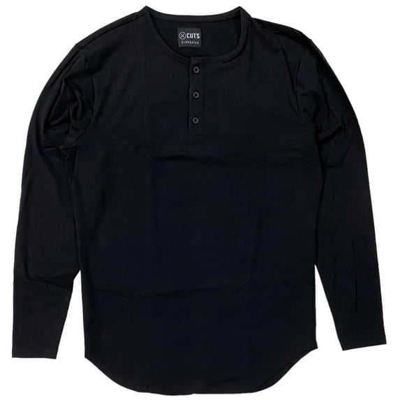 Cuts Clothing Men's Elongated Henley Long Sleeve Signature Slim Fit PYCA Pro Tee T-Shirt (Medium, Black)