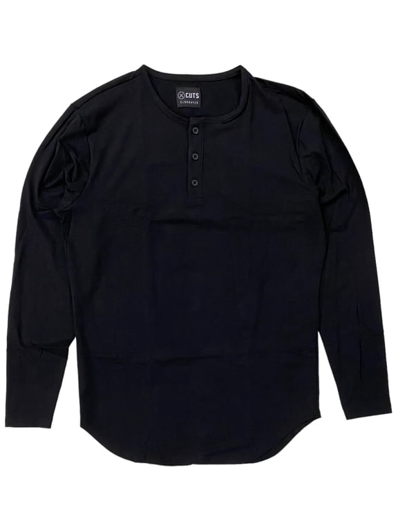 Men's Elongated Henley Long Sleeve Signature Slim Fit PYCA Pro Tee T-Shirt (Medium, Black)