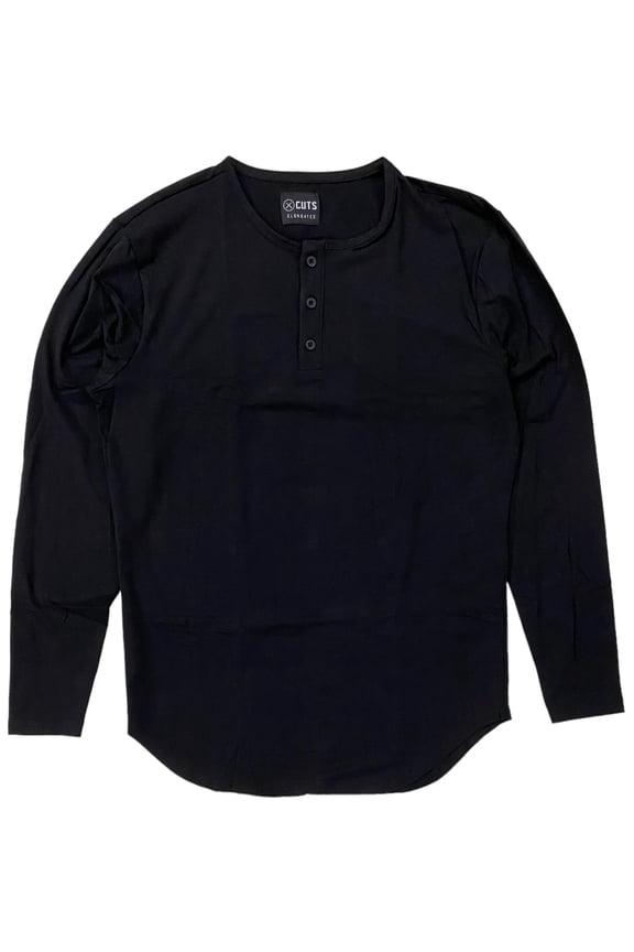 Men's Elongated Henley Long Sleeve Signature Slim Fit PYCA Pro Tee T-Shirt (Medium, Black)