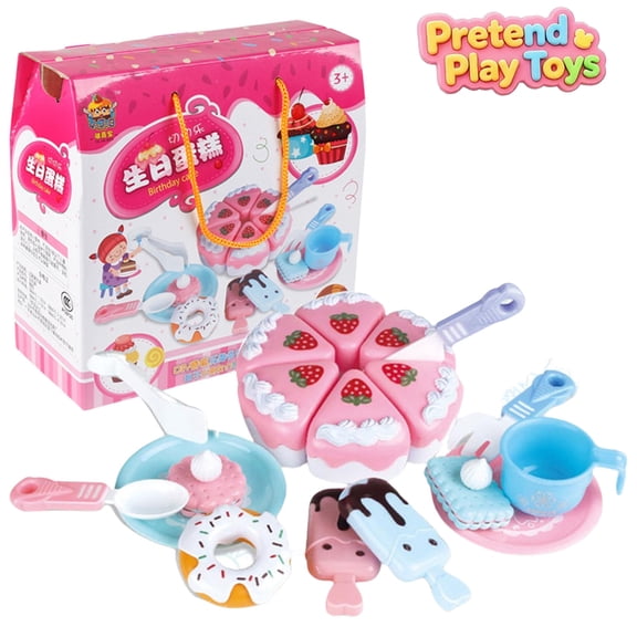 Cuttable Birthday Cake Pretend Play Toys,Toddler Kids Dessert Bakery Playset with Donut Ice Cream Tableware,Preschool Educational Learning Toy, Imaginative Baking Role Play Kit for Boys Girls Ages 3+