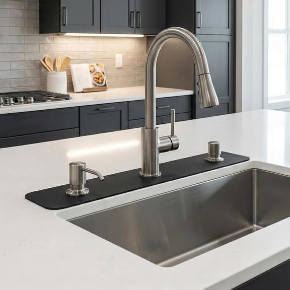 Cuttable Kitchen Sink Faucet Mat: 2PCS 30"Lx5.5"W DIY Splash Guard for Irregular Sink 2, 3 holes, Soap Dispenser & Air Gap - Bathroom Counter Protector Drip Catcher with Pre-Cut Center Hole, Black