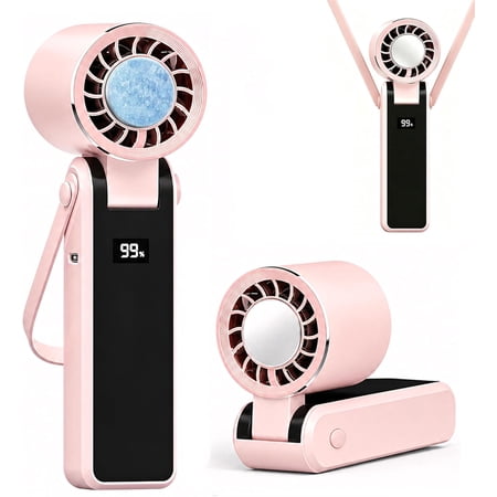 Portable Handheld Fan with Ice Cooler & LED Display, 5 Speeds(1-199), 1200mAh USB Rechargeable Battery, 3-in-1 Hand & Desk Foldable Small Mini Neck Fan w/Lanyard (Pink, with Cooling Plate)