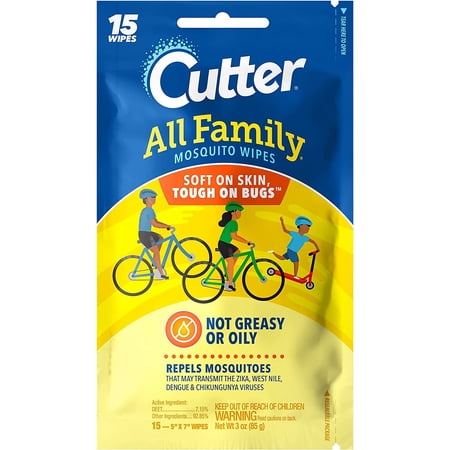 Cutter All Family Mosquito Wipes, 15-Count, 12-Pack, Plain — Heavy-Duty Construction, Professional Use