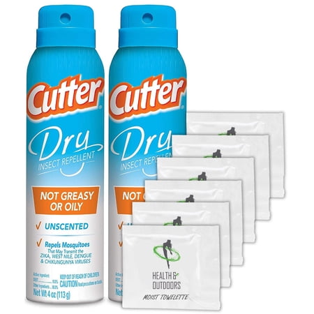 Cutter Dry Insect Repellent, Aerosol, 4-ounce, 2 pack W/ 4 BONUS Moist Towelettes!