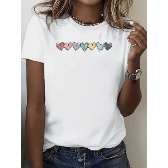 Cuttie Hearts Print Crew Neck T-Shirt - Fashionable Womens Graphic Print T-Shirt - Casual Short Sleeve Crew Neck Top - Lightweight & Breathable For Spring & Summer Wardrobe, Polyester, 1 Piece, 200g