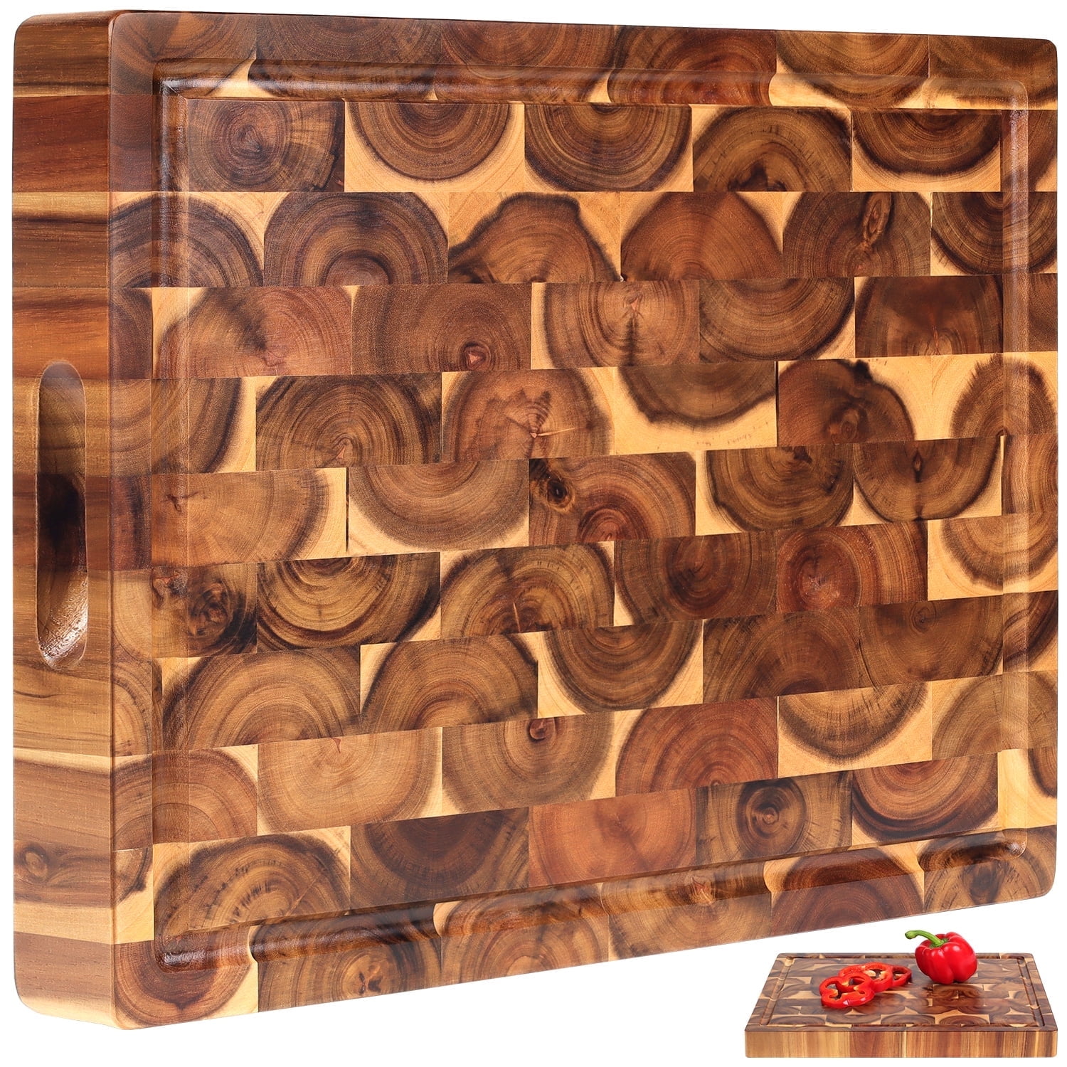 Cutting Board (17x13x15in) End Grain Cutting Board, Acacia Wooden Cutting Board, Butcher Block, Chopping Board - Reversible Multipurpose For Kitchen with Juice Groove, Cracker Holder & Inner Handles
