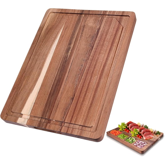SYNYLIIFE Cutting Board, 20"L x 15"W Wooden Cutting Board for Kitchen, 1.25" Thick Butcher Block, Cheese Charcuterie Board, with Side Handles and Juice Groove, Sorting Compartment