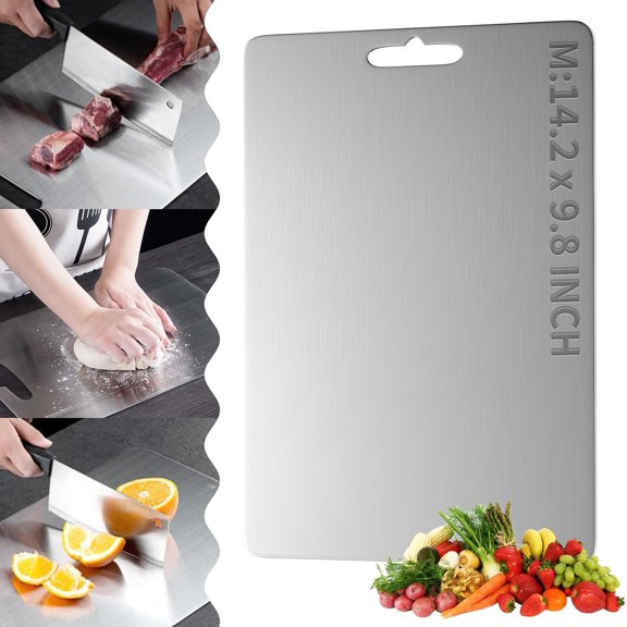 Cutting Board Double Sided for Kitchen, Food-Grade 304 Stainless Steel Chopping Pad Suitable for Meat Fruit Vegetables (Medium (14.2 x 9.8 inch))