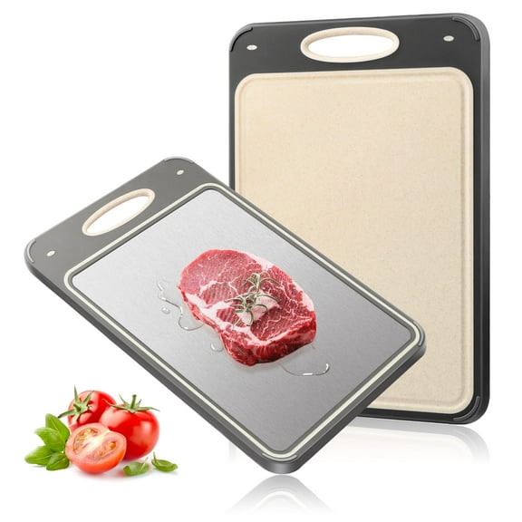 Cutting Board for Kitchen, AOKIWO Double Sided 304 Stainless Steel & Wheat Straw Chopping Board, Small 14'' ×9.6''  Non Toxic Cutting Boards for Meat Vegetables, Easy to Clean