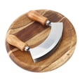 thumbnail image 1 of Cutting Board & Knife - Wooden Chopping Board & 2-Bladed Curved Herb Cutter - Round Wood Board & Double Blade Rocker Chopper, 1 of 5