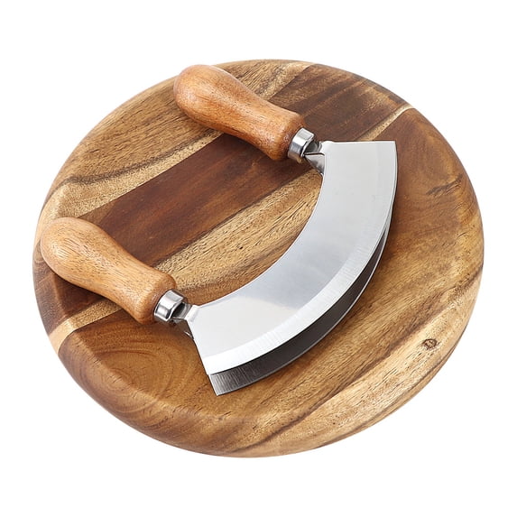 Cutting Board & Knife - Wooden Chopping Board & 2-Bladed Curved Herb Cutter - Round Wood Board & Double Blade Rocker Chopper