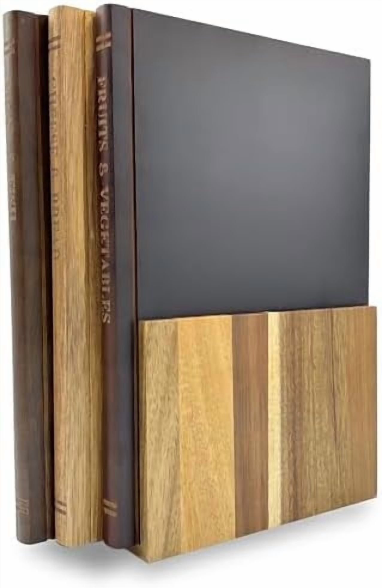 The Cutting Board Library | 100% Acacia Wood | Set of 3 Decorative and Functional Cutting Boards with Wooden Stand | Fruits, Vegetables, Meat, Fish, Cheese and Bread | Statement Piece for Countertop