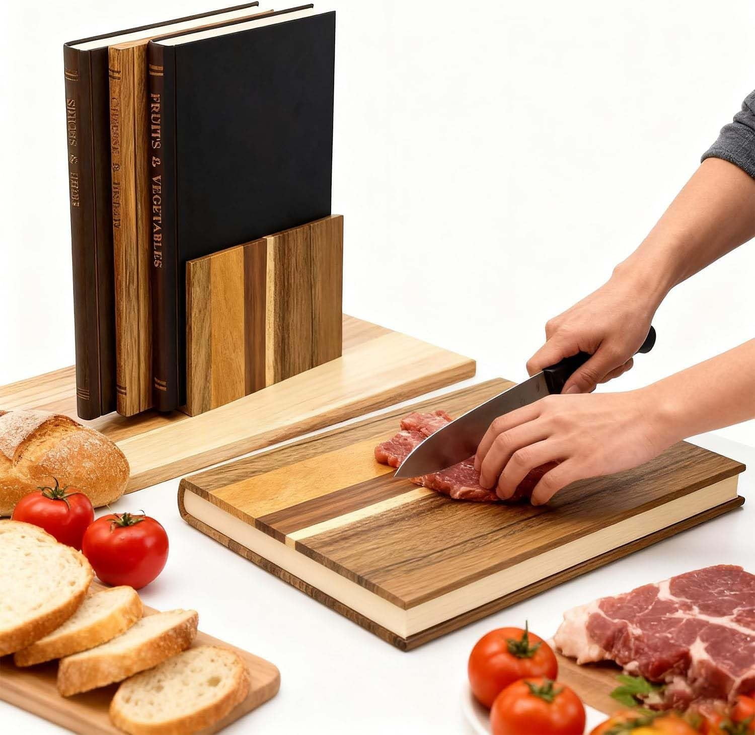 Cutting Board That Looks Like Books, The Cutting Board Library, Chopping Board Set of 3 with Stand, Decorative Cutting Boards Book Set for Kitchen, Cheese Meat Vegetable Prep Serving Board