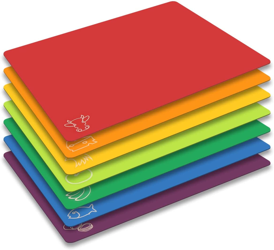 Cutting Board Mats Flexible Plastic Colored Mats with Food Icons, BPA-Free, Non-Porous, Anti-skid back and Dishwasher Safe, Set of 7 Rainbow - 7 Pieces