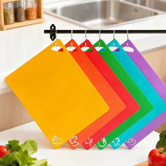 Cutting Board Mats Set, Extra Thick Flexible Plastic Kitchen Chopping Board, Colored Mats with Food Icons & Easy-Grip Handles, Dishwasher Safe, Set of 6