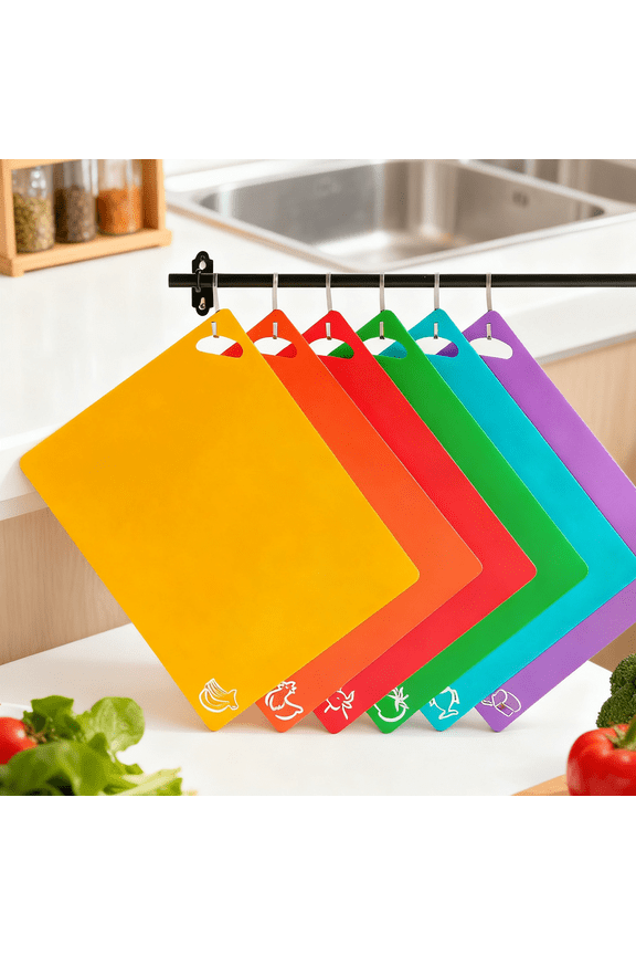 Cutting Board Mats Set, Extra Thick Flexible Plastic Kitchen Chopping Board, Colored Mats with Food Icons & Easy-Grip Handles, Dishwasher Safe, Set of 6