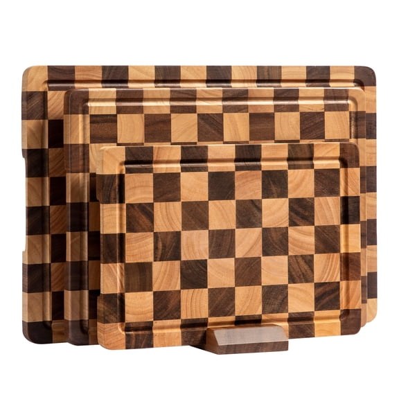 Cutting Board Set, Acacia Wood Checkered Cutting Boards for Kitchen, 3 pcs Chopping Board with Juice Grooves & Handles, Butcher Block Serving Tray for Meat, Vegetables and Fruits with Gift Box