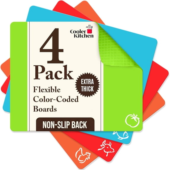 Cooler Kitchen Flexible Plastic Cutting Board Mats, Set of 4, Color-Coded Food Icons, Dishwasher Safe, Vibrant