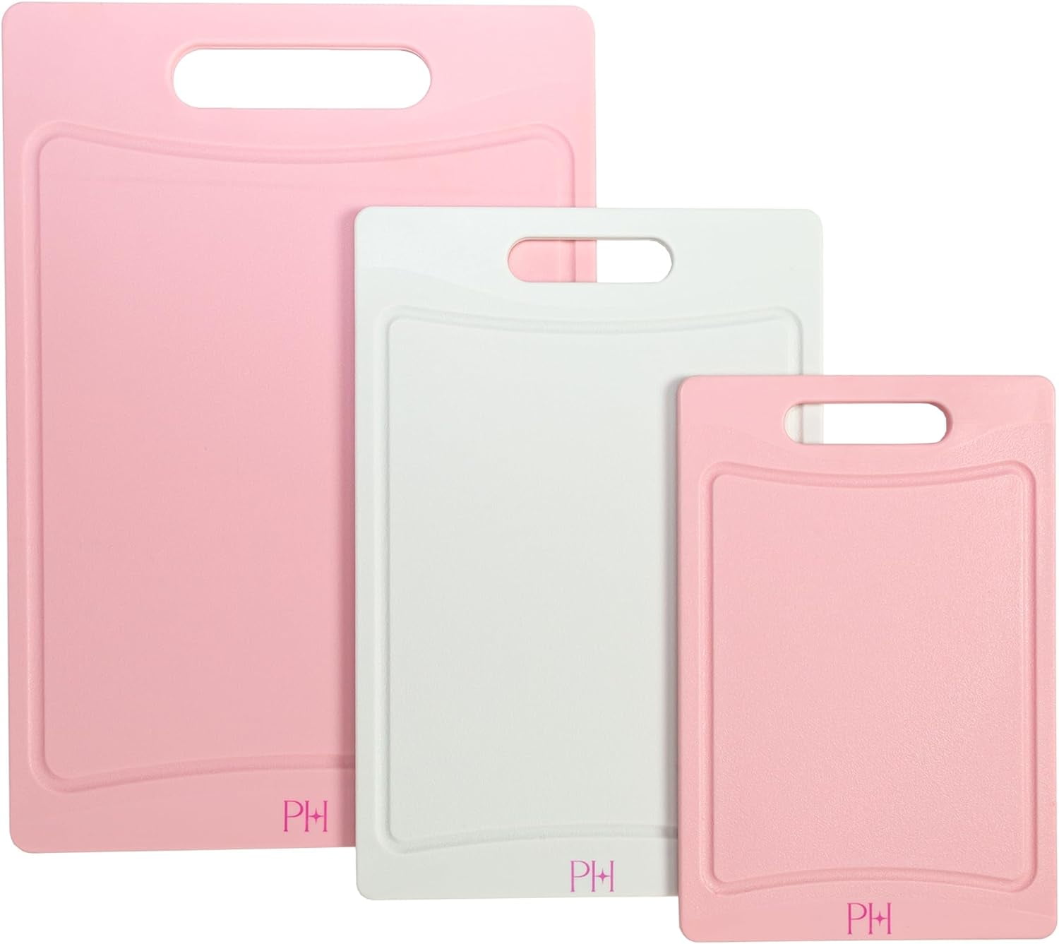 Cutting Boards, Dual-Sided Board Set with Built-in Juice Grooves, Easy-Grip Handles, Heavy-Duty Plastic Made without BPA, Dishwasher Safe, 3-Piece Set, Pink and Cream