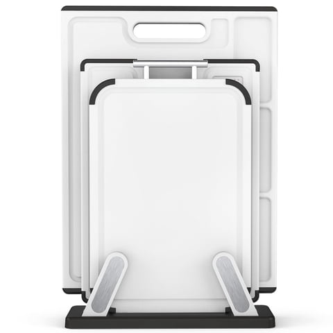Cutting Boards for Kitchen with Stand – 3-Piece Plastic Cutting Board Set, Double-Sided Use, Large for Chopping Meat, Medium & Small for Vegetables, Fruits, Juice Grooves, Non-Slip Handles, BPA-FREE