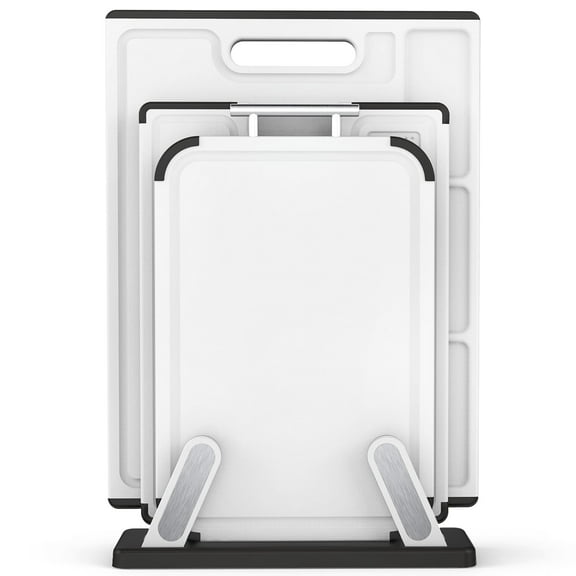 Cutting Boards for Kitchen with Stand – 3-Piece Plastic Cutting Board Set, Double-Sided Use, Large for Chopping Meat, Medium & Small for Vegetables, Fruits, Juice Grooves, Non-Slip Handles, BPA-FREE