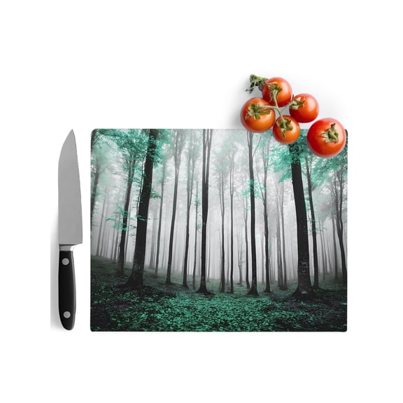 Cutting Boards for Kitchen Autumn Maple Forest Tempered Glass Cutting Board with Non Slip Feet Chopping Board Turquoise Misty Forest Trees Glass Tray for Countertop Protector 15 x 11"
