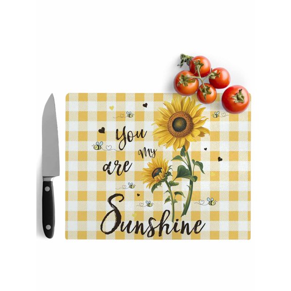 Cutting Boards for Kitchen Bee Sunflower Tempered Glass Cutting Board with Non Slip Feet Chopping Board Yellow Buffalo Plaid You Are My Sunshine Glass Tray for Countertop Protector 15 x 11"