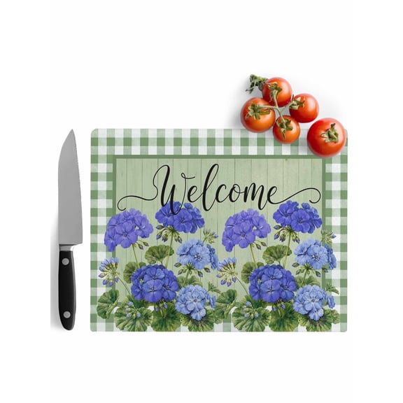 Cutting Boards for Kitchen Blue Geranium Tempered Glass Cutting Board with Non Slip Feet Chopping Board Indigo Blossom Green Buffalo Plaid Glass Tray for Countertop Protector 15 x 11"