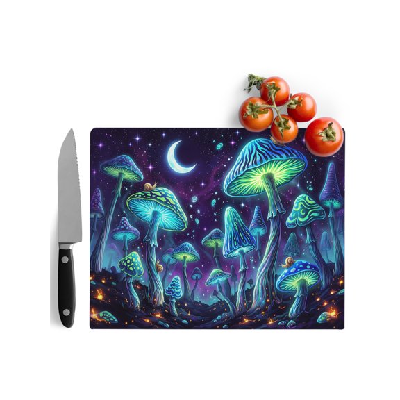 Cutting Boards for Kitchen Blue Neon Mushrooms Tempered Glass Cutting Board with Non Slip Feet Chopping Board Fantasy Shiny Moon Snails Glass Tray for Countertop Protector 8" x 11"