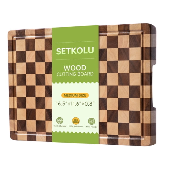 Setkolu Cutting Boards for Kitchen, Checkered Cutting Board Upgraded, Acacia Wood Chopping Board with Juice Grooves & Handles, Large Butcher Block Serving Tray with Gift Box, 16.5" x 11.6" x 0.8"