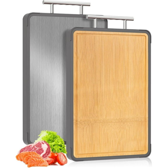 Cutting Boards for Kitchen - Food Grade Double Sided Pure Titanium& Bamboo Chopping Board with Handle, Slip resistant Non-toxic Charcuterie Board Housewarming Gifts (16×11)