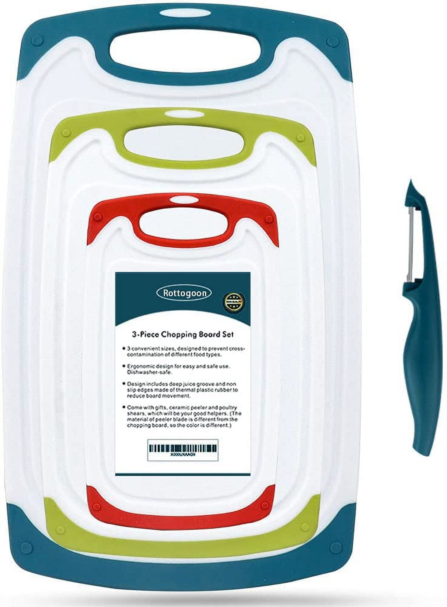 Cutting Boards for Kitchen, Plastic Chopping Board Set of 4 with NonSlip Feet and Deep Drip