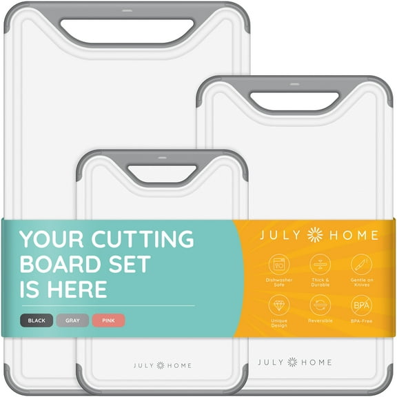 Cutting Boards for Kitchen - Plastic Cutting Board Set of 3, Dishwasher Safe Cutting Boards with Juice Grooves, Thick Chopping Boards for Meat, Veggies, Fruits, Easy Grip Handle, Non-Slip (Gray)